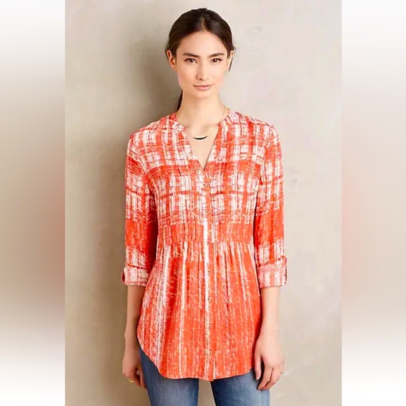 Anthro Red-Orange Abstract Print Pin-tuck Babydoll Peasant Blouse Top - Picture 5 of 11
